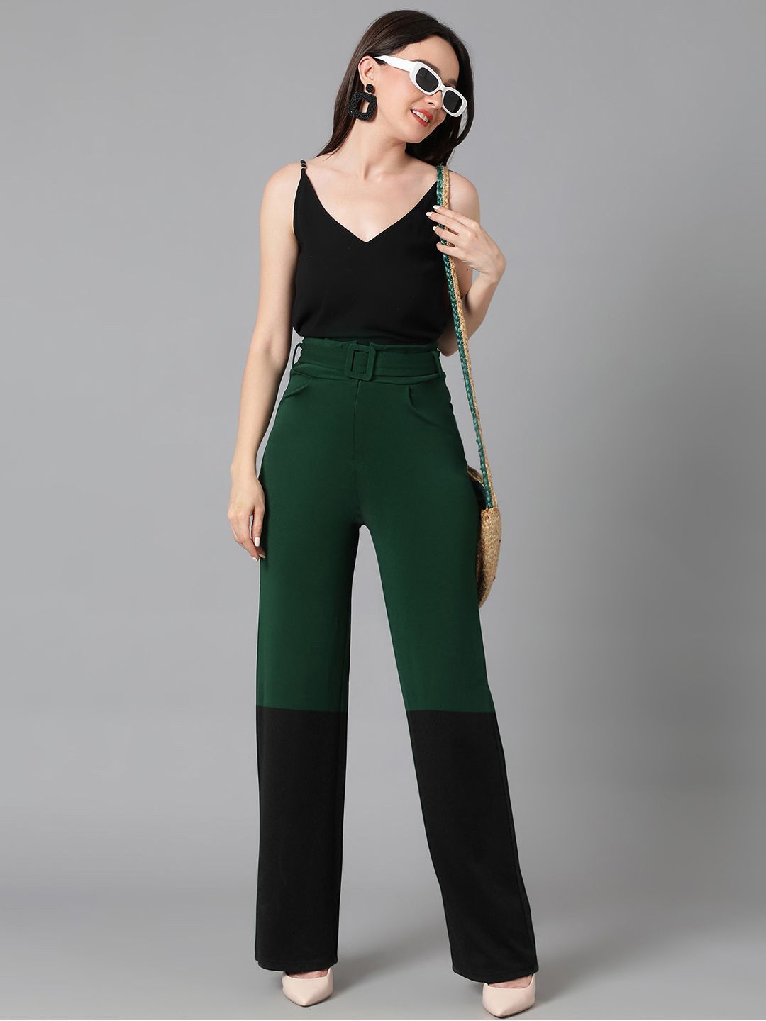Kotty Women Solid Colourblocked High-Rise Easy Wash Trousers