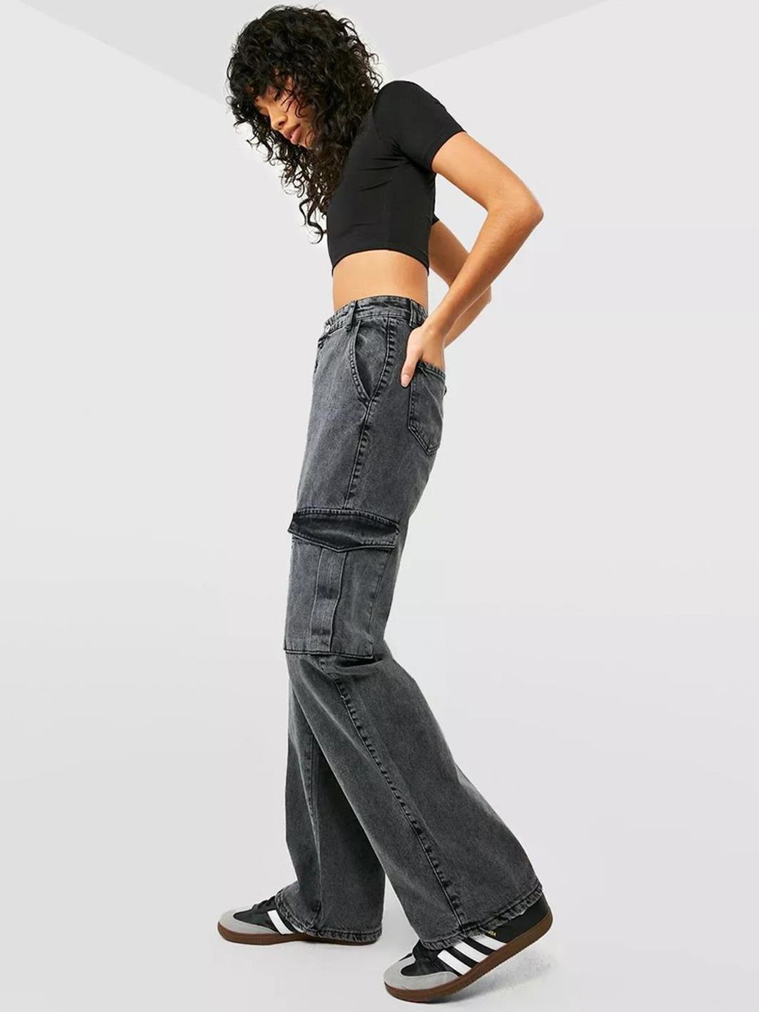 Kotty Women Grey Jean Straight Fit High Rise Stretchable Cargo Jeans