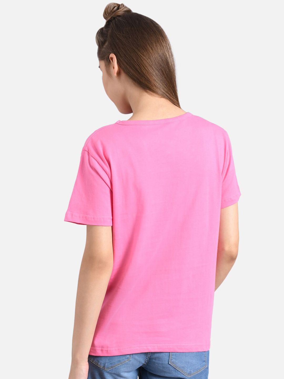 Kotty Women Pink & White Printed Round Neck T-shirt