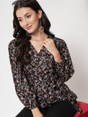 Kotty Floral Printed Puff Sleeve Peplum Top