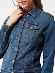 Kotty Women Navy Blue Solid Denim Jacket