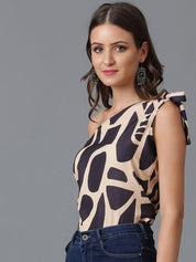 Kotty Black Abstract Printed One Shoulder Crepe Top