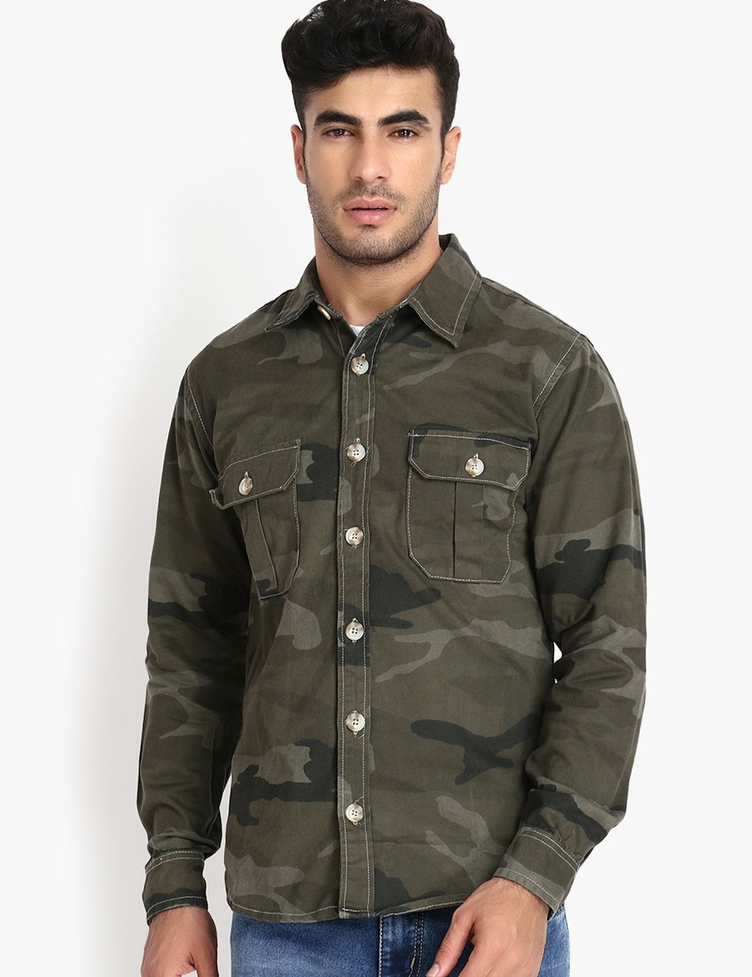 Kotty Men Olive Green Camouflage Printed Jacket