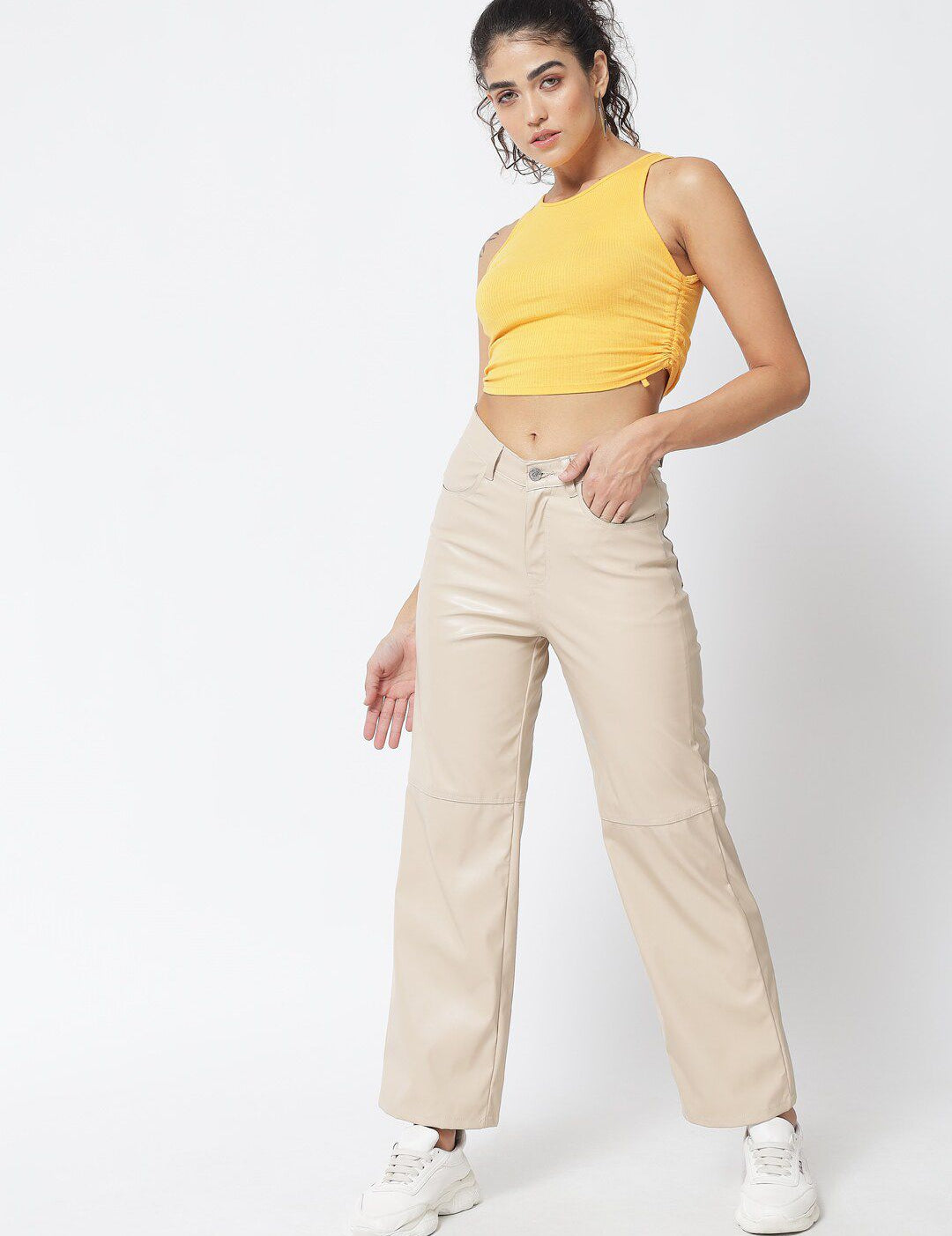 Kotty Women Cream-Coloured Relaxed Regular Fit Bootcut Trousers