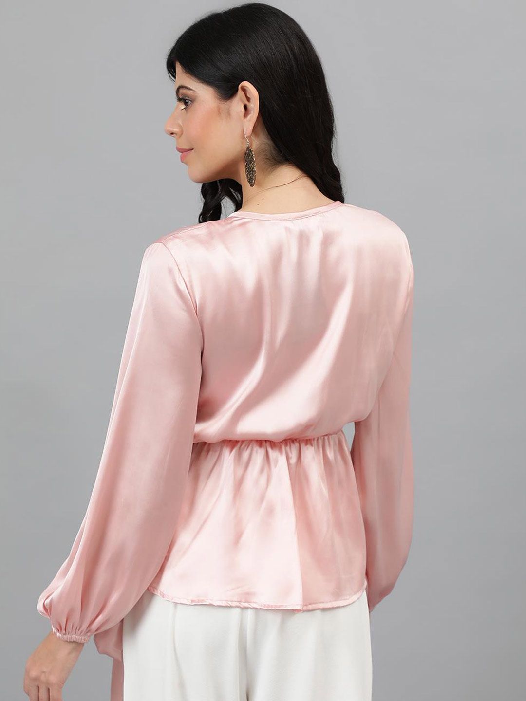 Kotty Pink Cuffed Sleeve Satin Wrap Waist Top