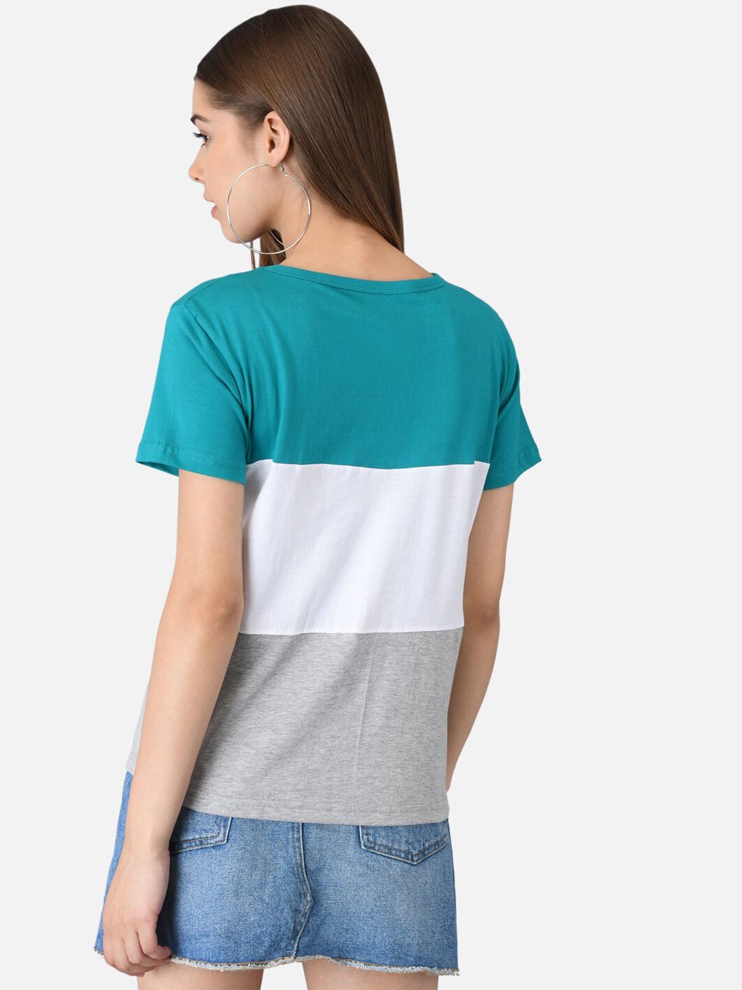 Kotty Women Blue Colourblocked Round Neck T-shirt
