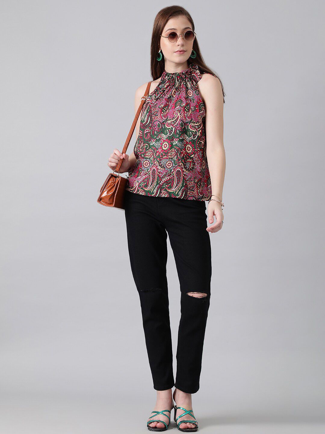 Kotty Green & Pink Ethnic Motifs Printed Halter Neck Top