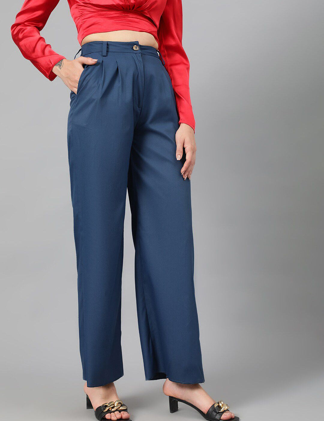 KOTTY BIZwear Women Blue High-Rise Relaxed Straight Leg Straight Fit Easy Wash Pleated Trousers