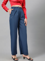 KOTTY BIZwear Women Blue High-Rise Relaxed Straight Leg Straight Fit Easy Wash Pleated Trousers