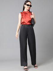 Kotty Women Black Relaxed Straight Leg Straight Fit High-Rise Easy Wash Pleated Trousers