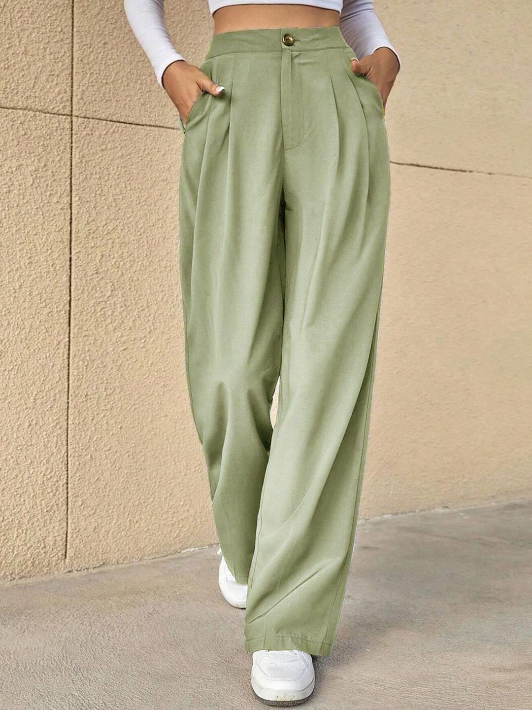 Kotty Green Women Relaxed Straight Leg High-Rise Easy Wash Pleated Parallel Trousers