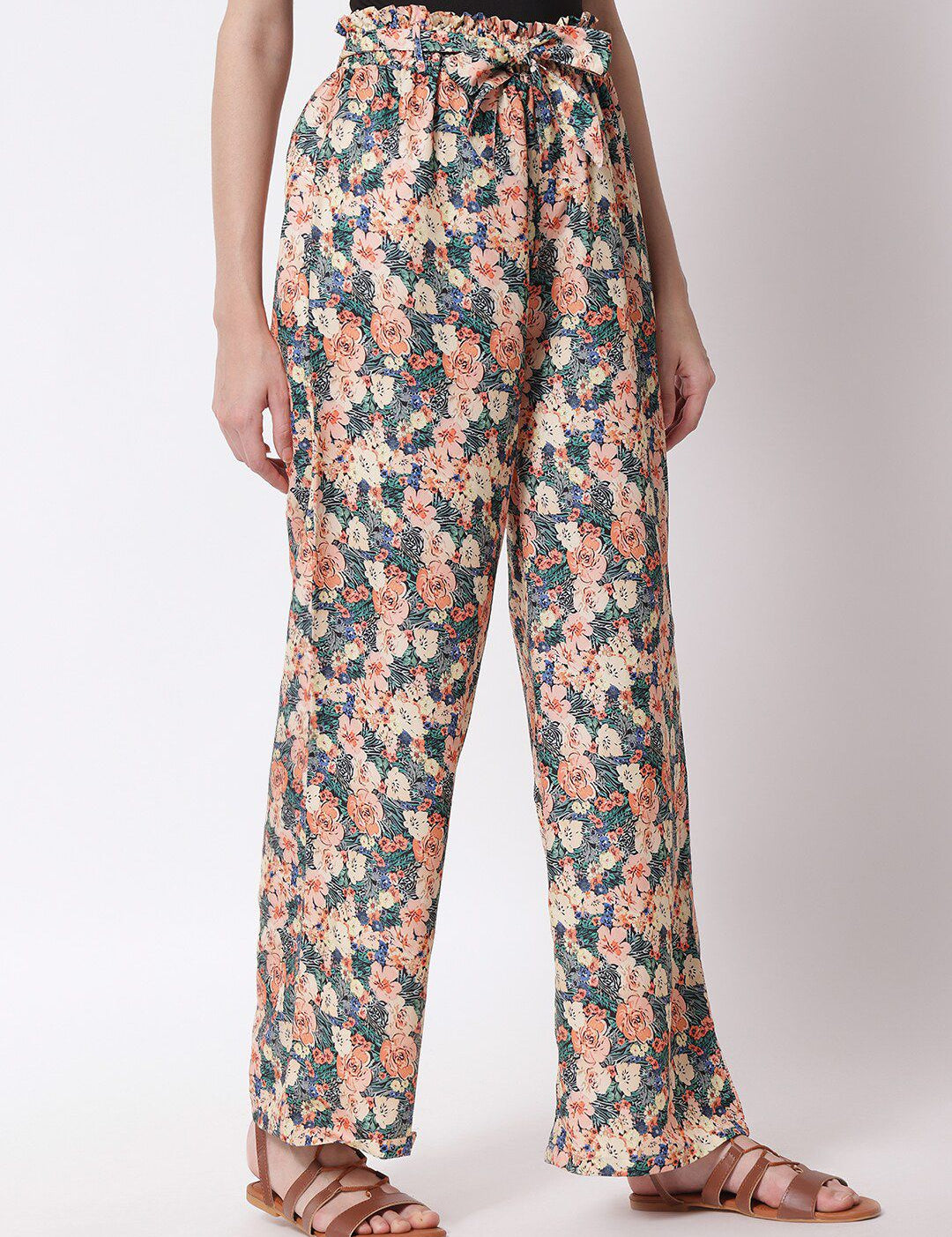 Kotty Women Peach-Coloured Floral Printed Relaxed High-Rise Trousers