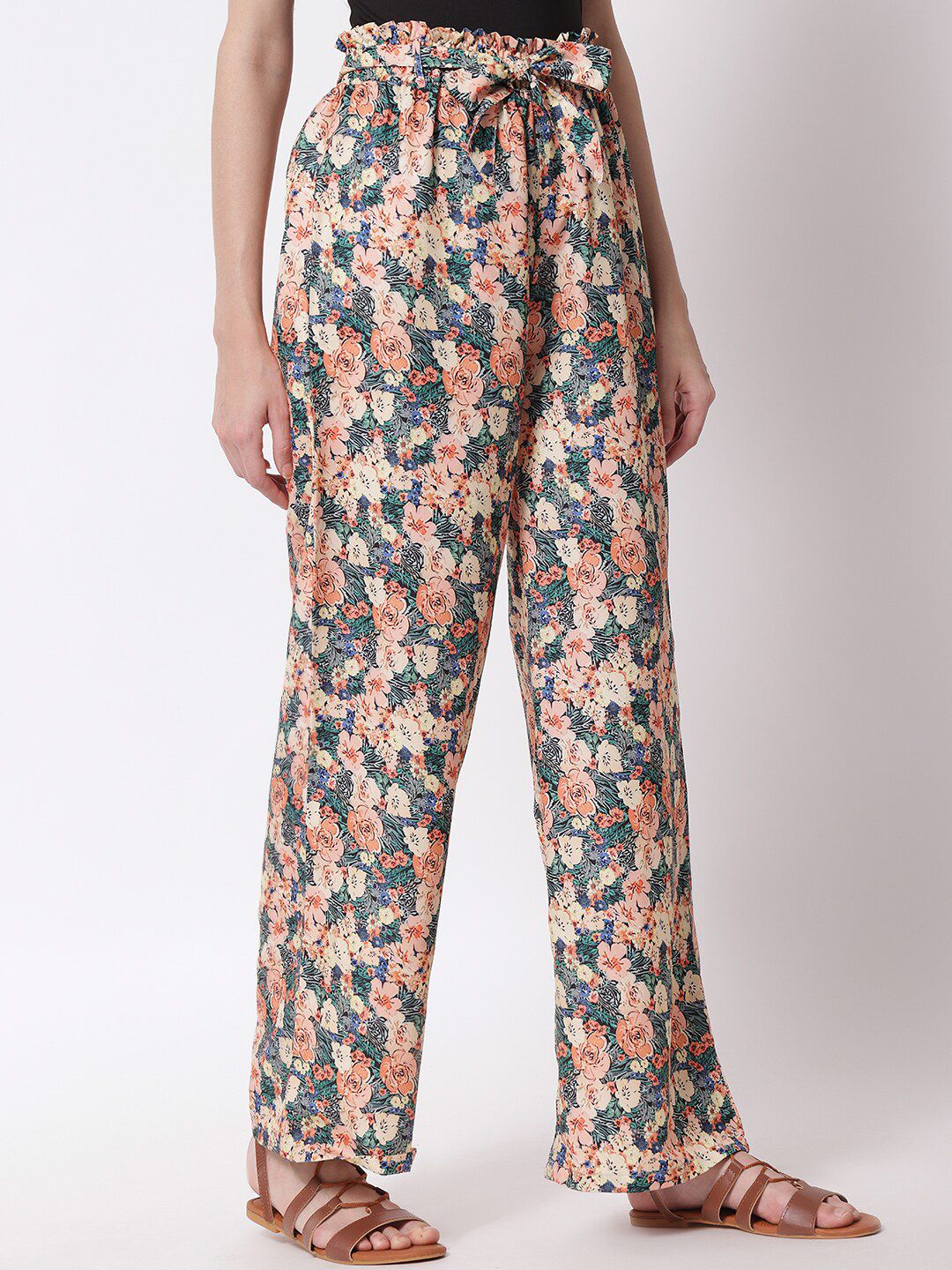 Kotty Women Peach-Coloured Floral Printed Relaxed High-Rise Trousers