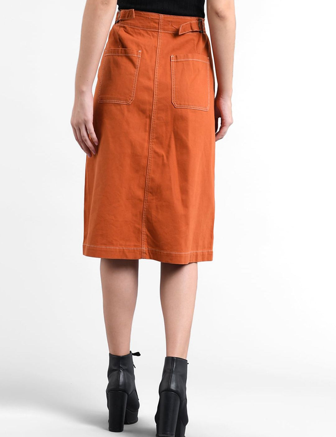 Kotty Women Orange Solid A-Line Denim Skirt