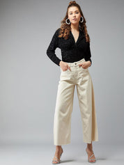 Kotty Women Cream-Coloured Jean Flared High-Rise Stretchable Jeans