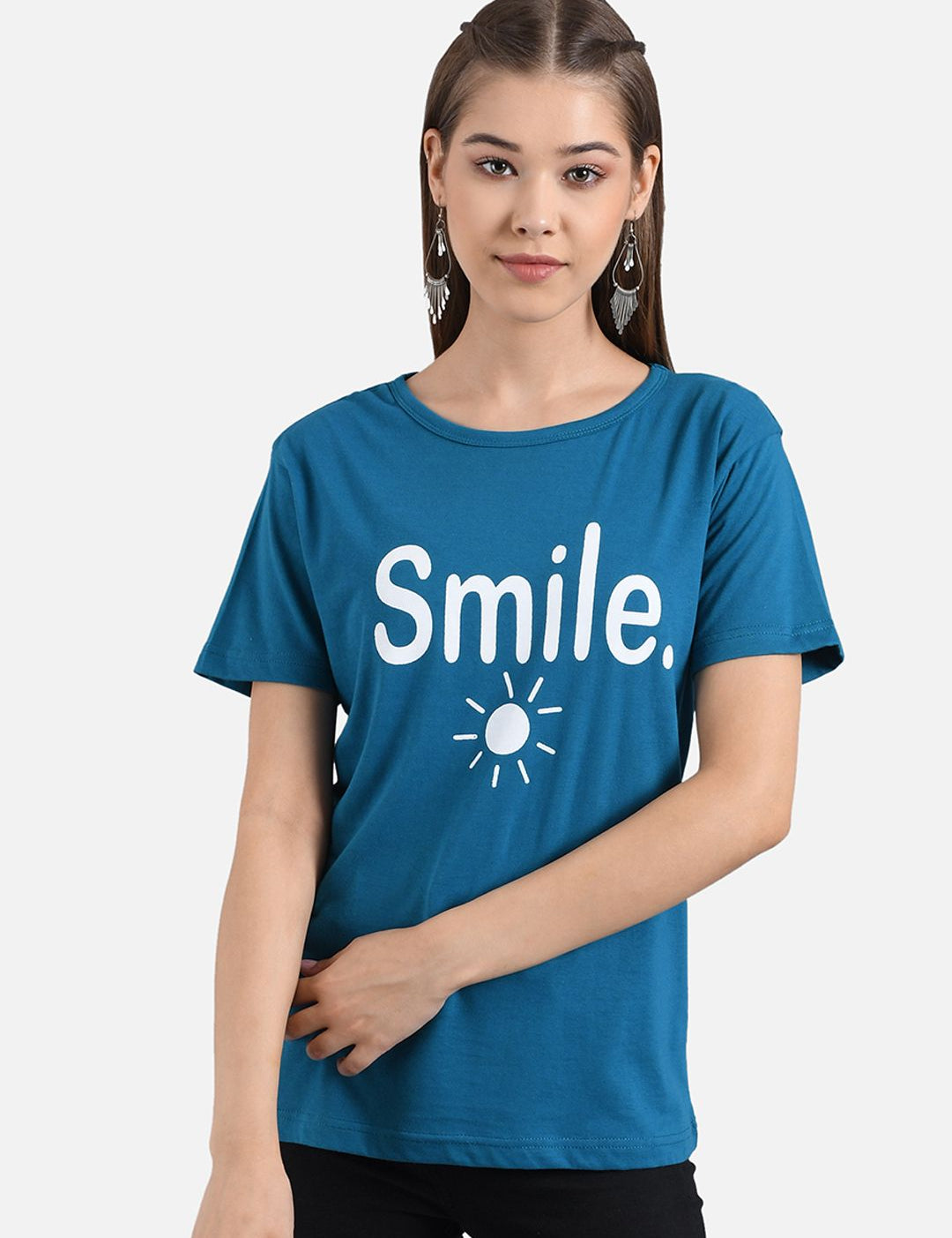 Kotty Women Blue Printed Round Neck T-shirt