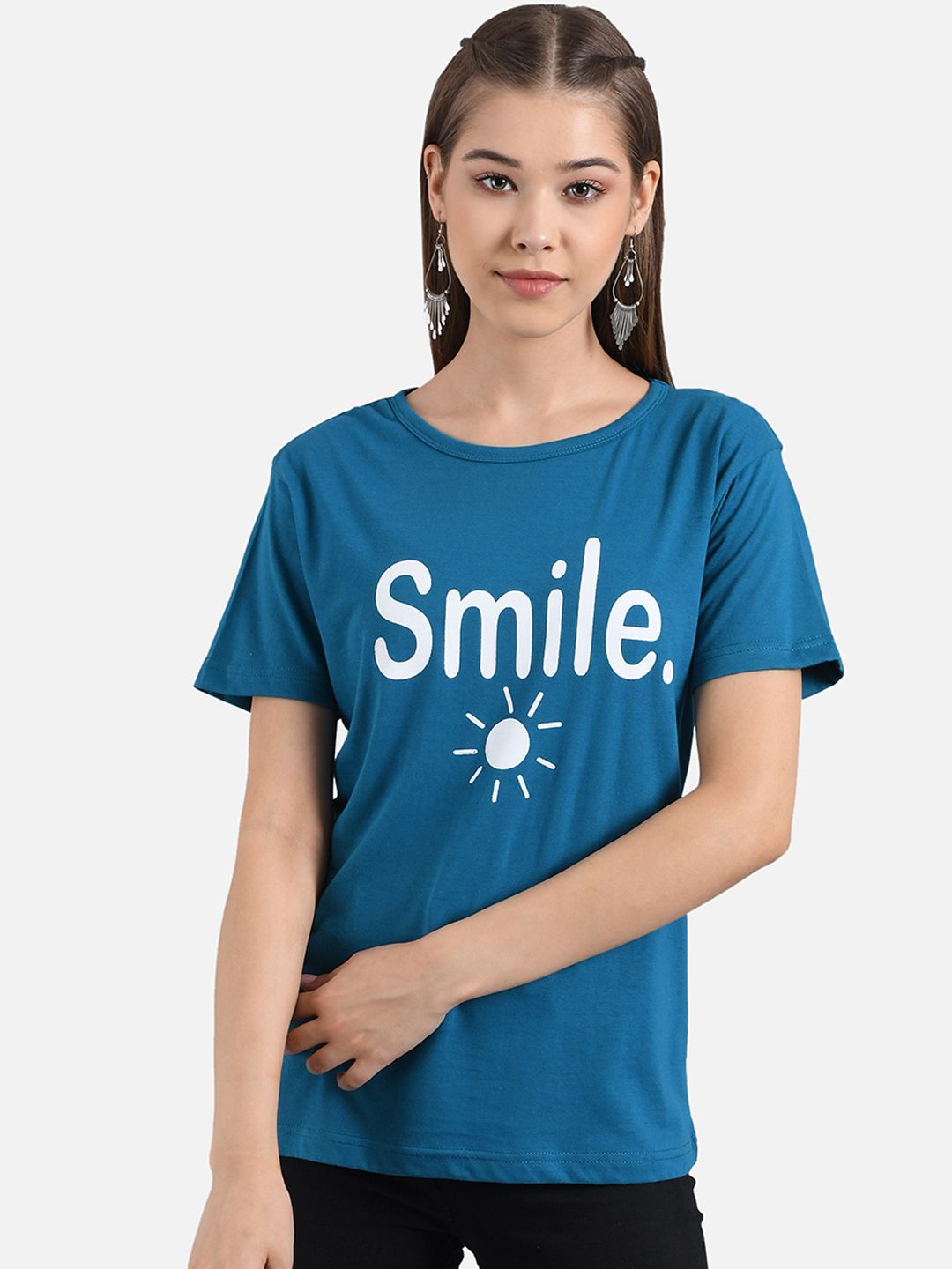 Kotty Women Blue Printed Round Neck T-shirt