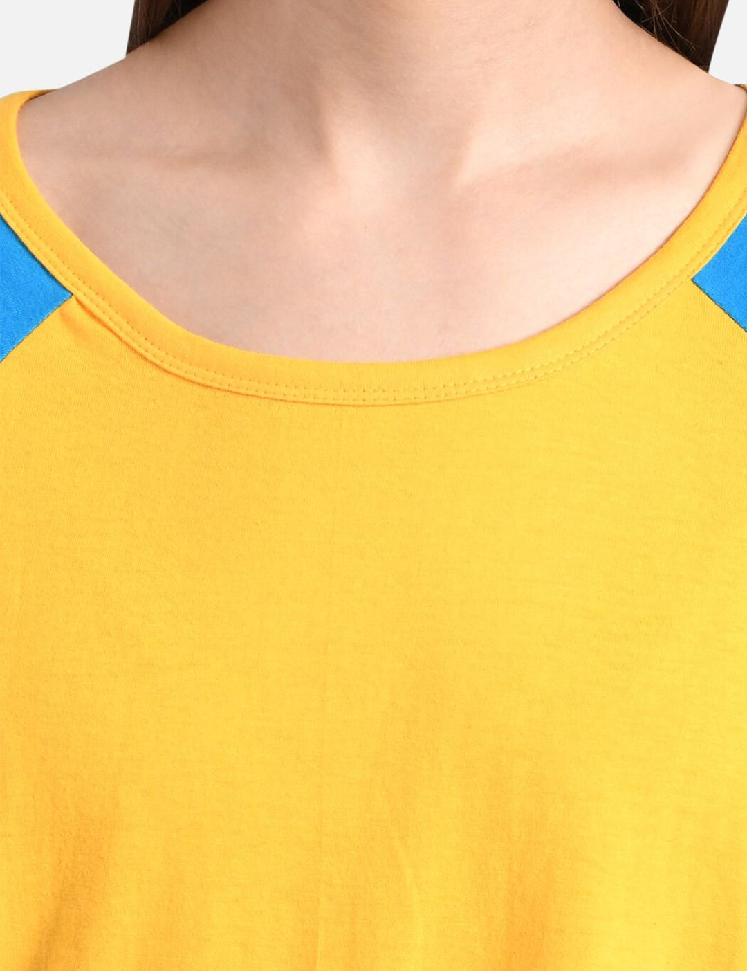 Kotty Women Blue & Yellow Colourblocked Round Neck T-shirt
