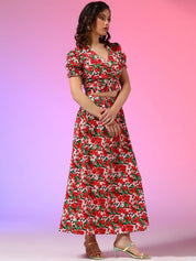 Kotty Red Floral Printed V-Neck Top With Skirt