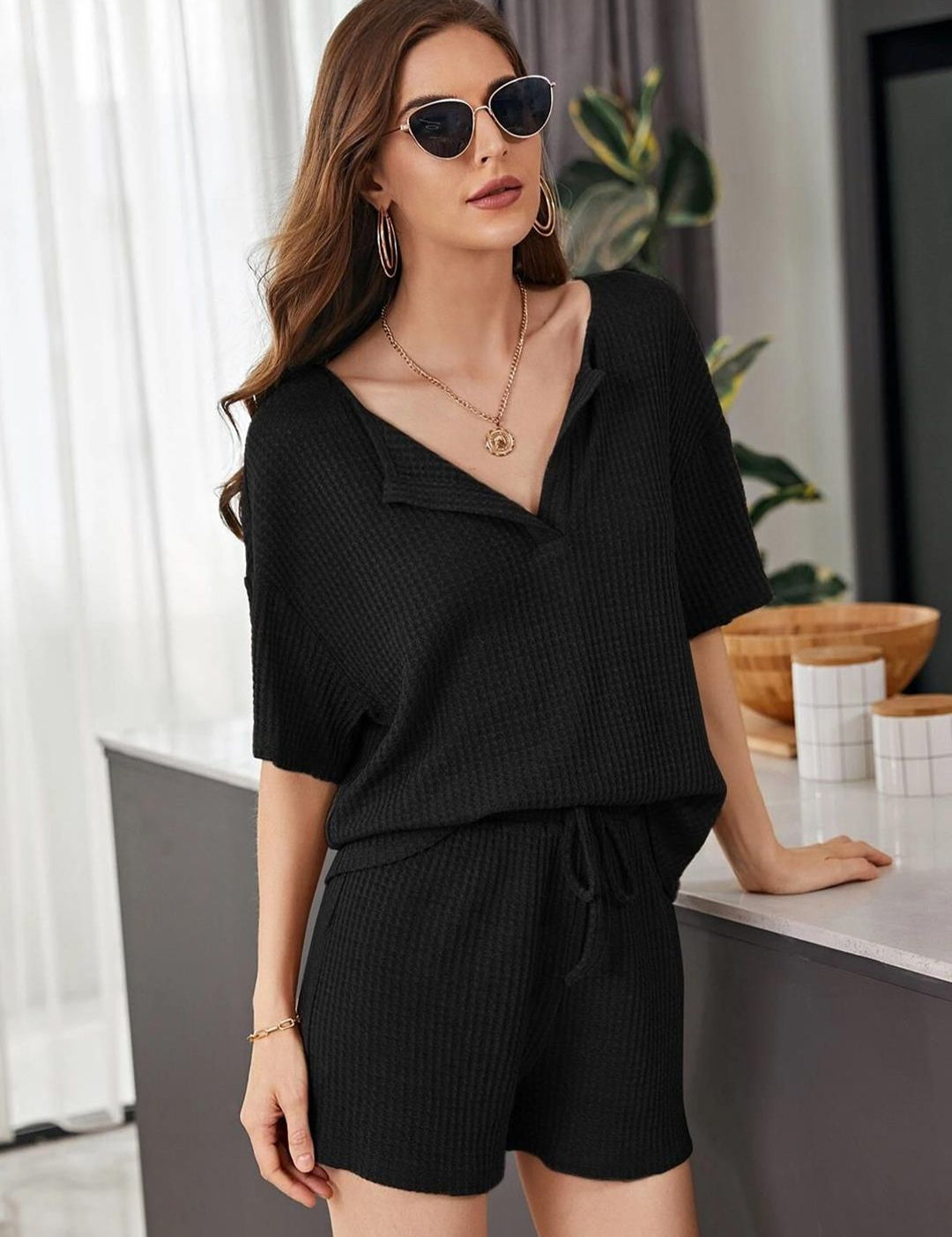 Kotty Black Self Design Top With Shorts