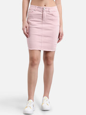 Kotty Women Powder Pink Solid Denim Pencil Mini Skirt