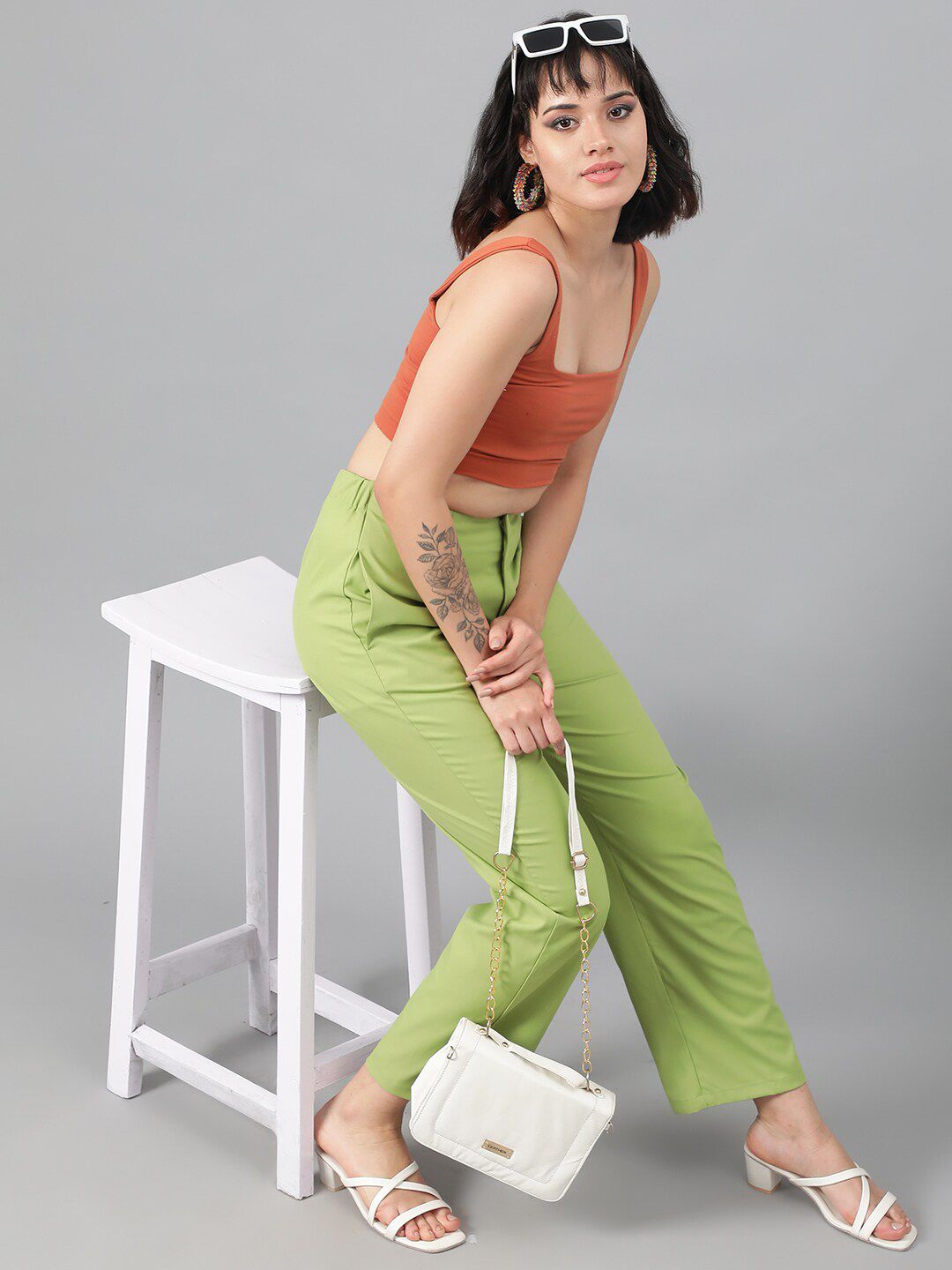 Kotty Women Green Relaxed Straight Leg Fit High-Rise Easy Wash Parallel Trousers