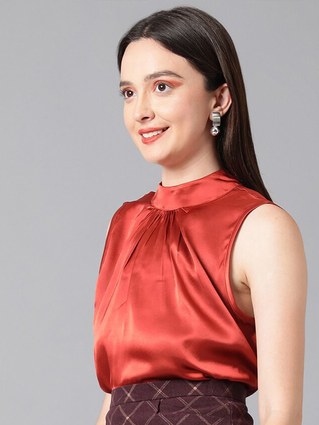 Kotty Rust High Neck Pleated Satin Regular Top