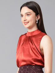 Kotty Rust High Neck Pleated Satin Regular Top