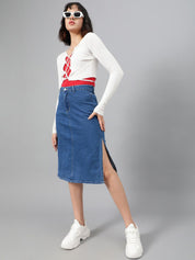 Kotty Blue Knee-Length Denim Straight Skirt