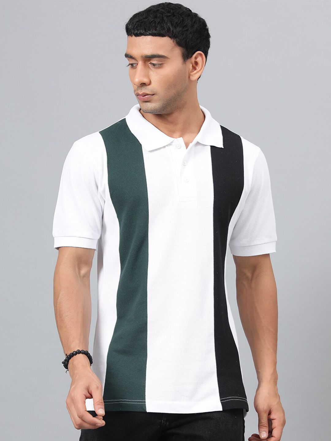 Kotty White & Green Colourblocked Polo Collar Cotton T-shirt
