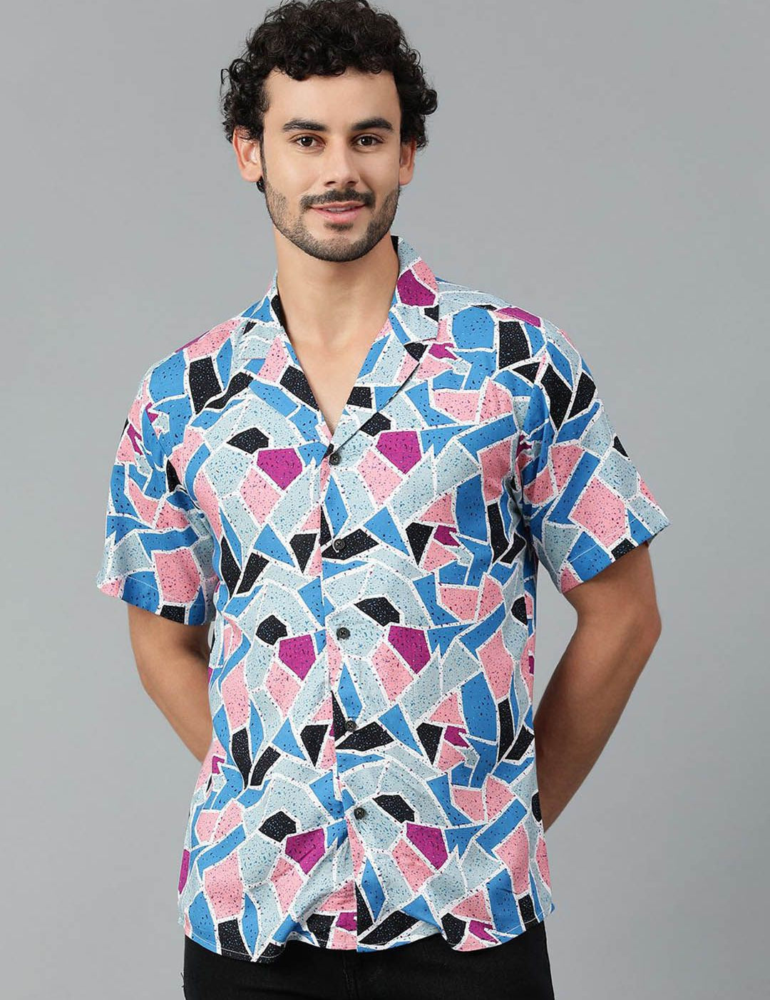 Kotty Men Cuban Collar Abstract Printed Casual Shirt