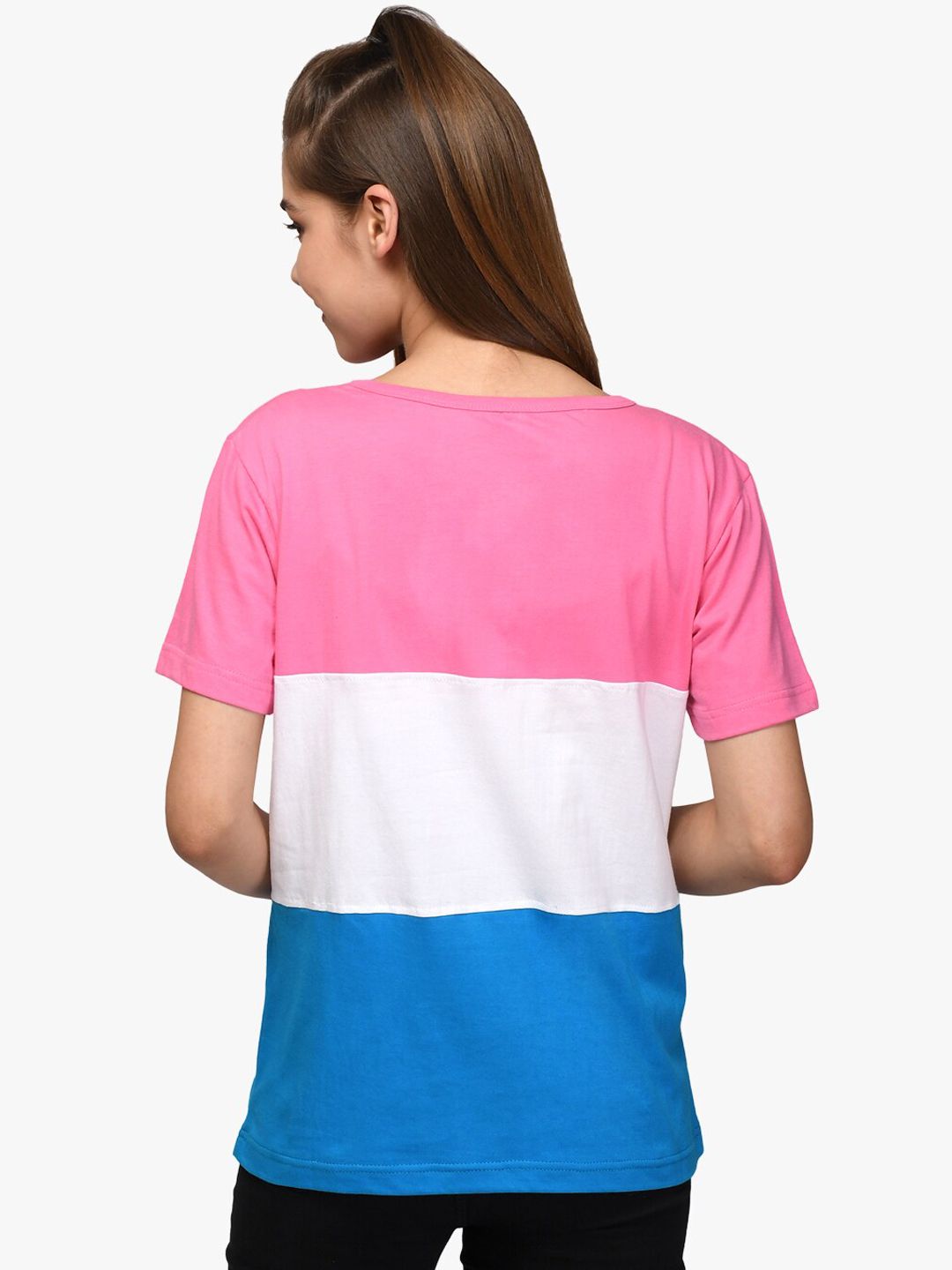 Kotty Women Pink & White Colourblocked Round Neck T-shirt