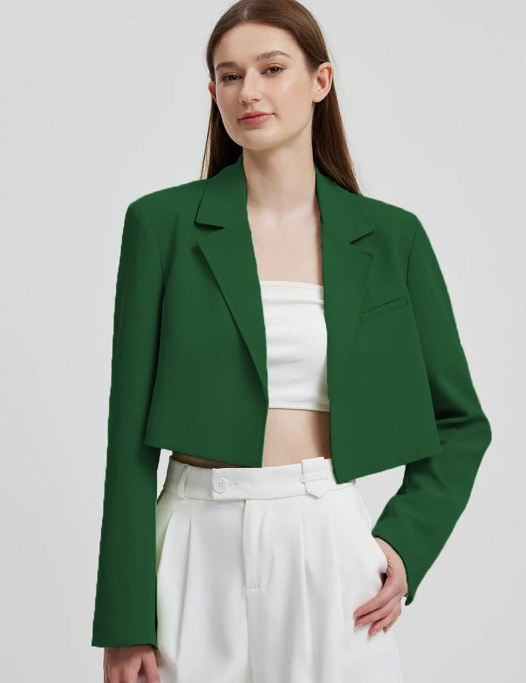 Kotty Green Crop Notched Lapel Collar Regular Fit Blazer