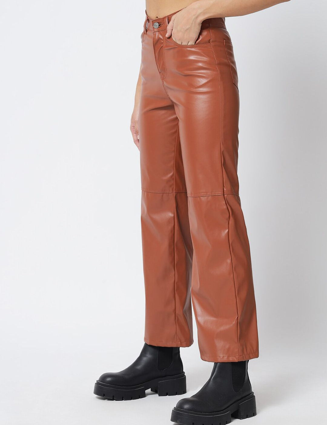 Kotty Women Brown Solid Relaxed Straight Fit Leather Trousers