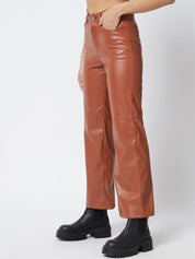 Kotty Women Brown Solid Relaxed Straight Fit Leather Trousers