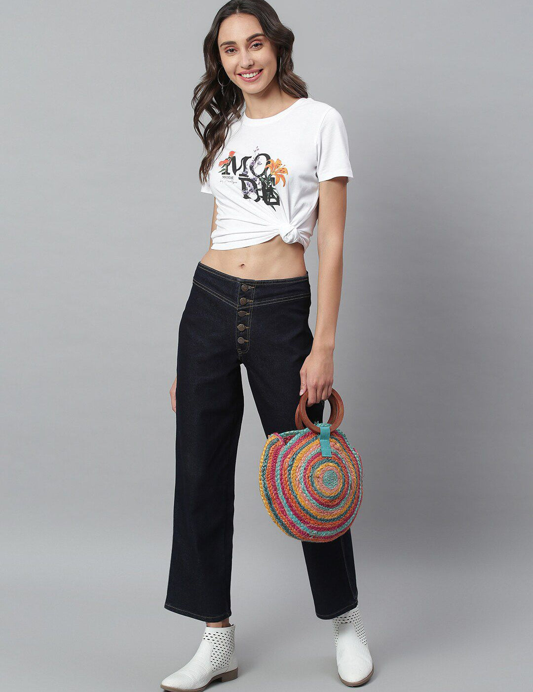 Kotty Women Navy Blue Flared High-Rise Stretchable Cropped Jeans