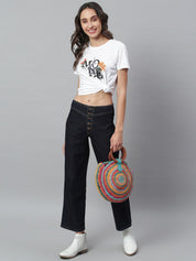 Kotty Women Navy Blue Flared High-Rise Stretchable Cropped Jeans