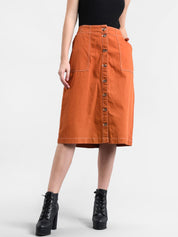 Kotty Women Orange Solid Denim A-Line Skirt