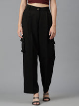 Kotty Women Black Straight Fit High-Rise Pleated Cargos