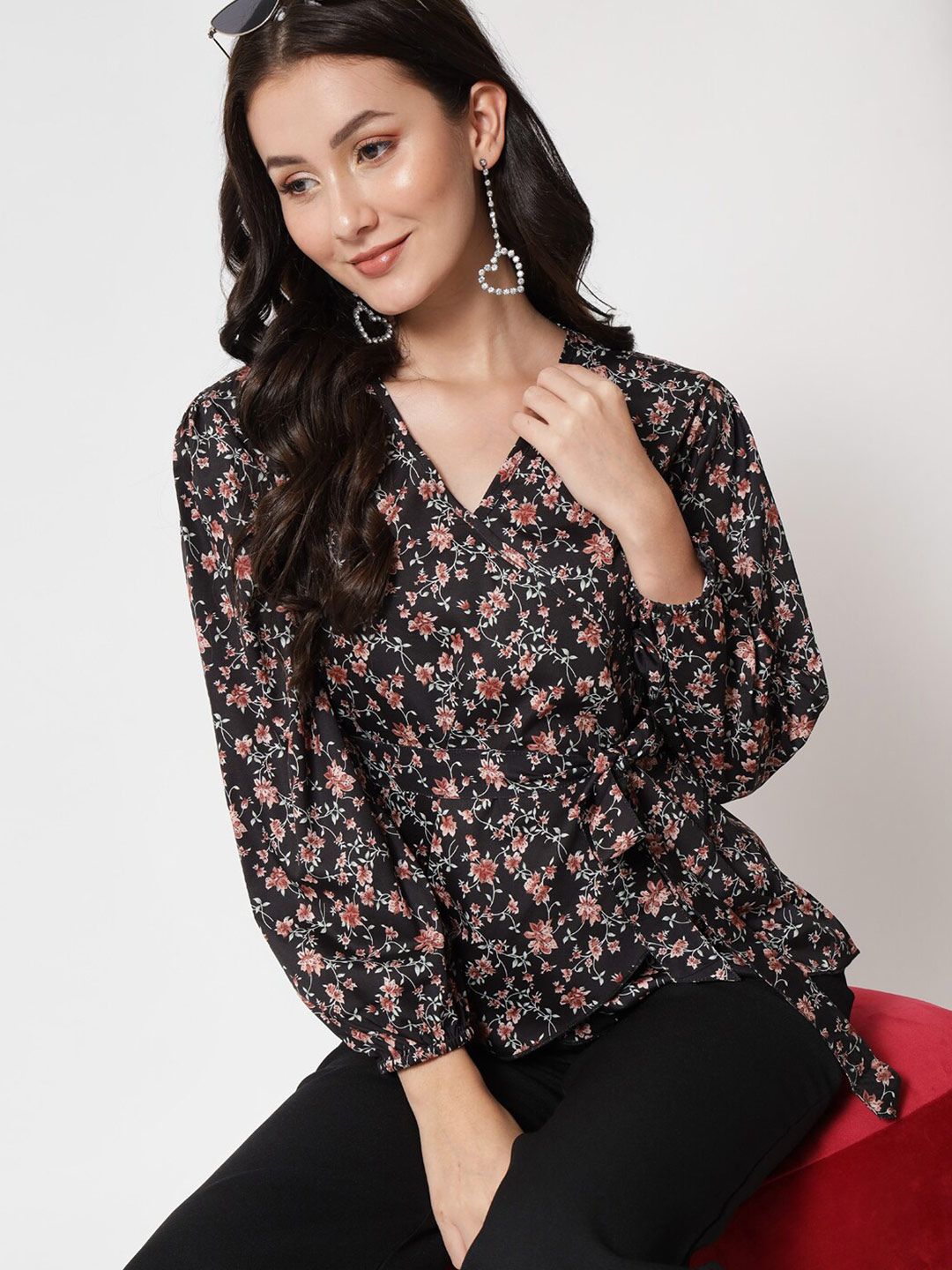 Kotty Black & Pink Floral Print Crepe Wrap Top