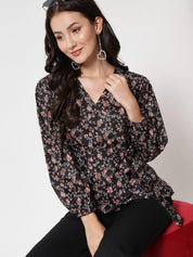 Kotty Black & Pink Floral Print Crepe Wrap Top