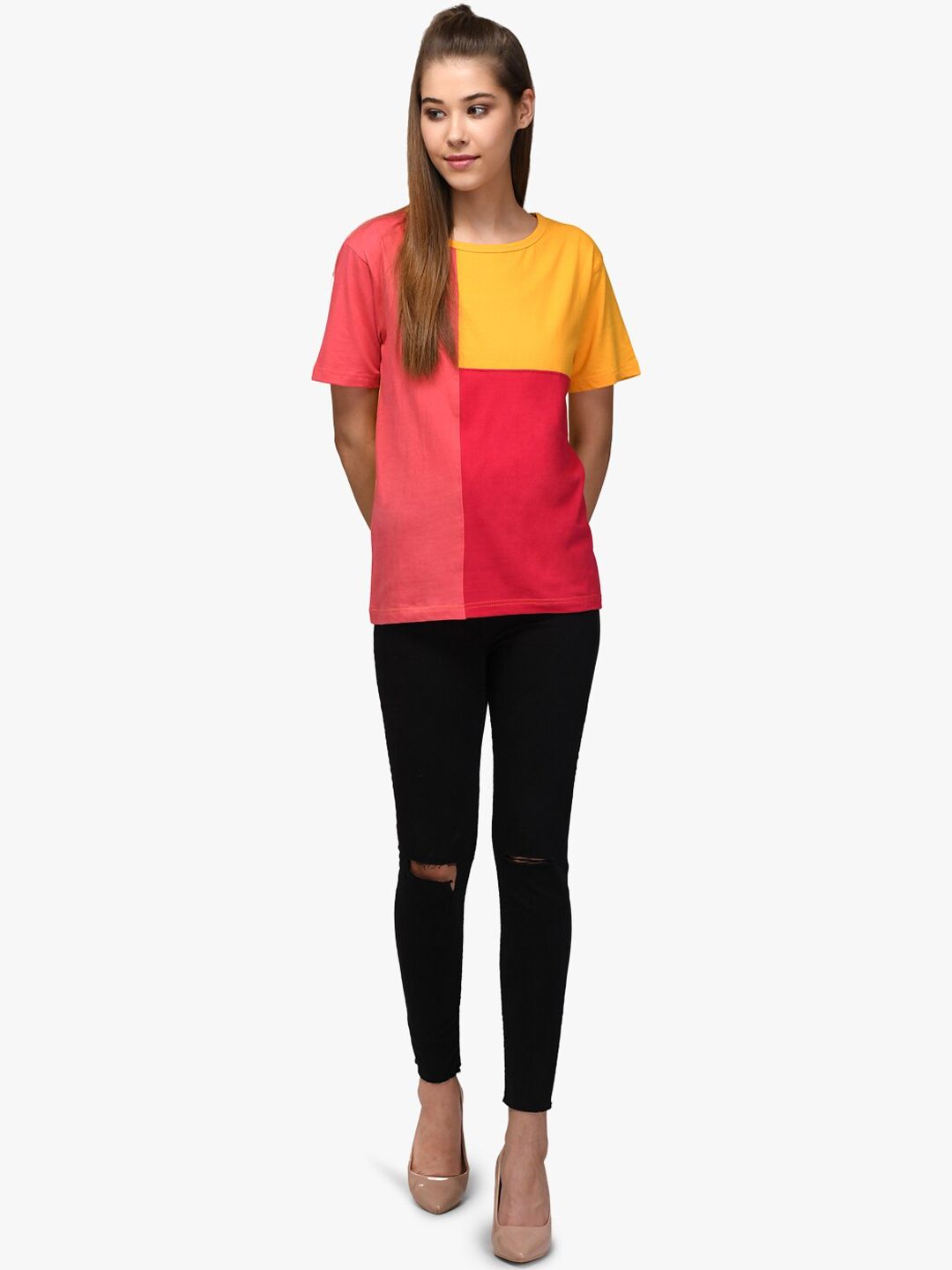 Kotty Women Yellow & Red Colourblocked Boat Neck T-shirt