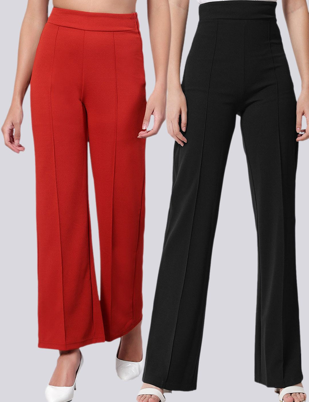 Kotty Women Pack Of 2 Relaxed Straight Leg High-Rise Easy Wash Parallel Trousers