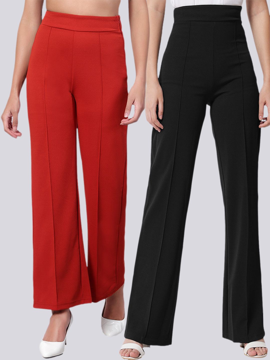 Kotty Women Pack Of 2 Relaxed Straight Leg High-Rise Easy Wash Parallel Trousers