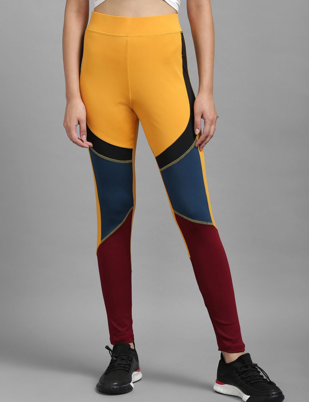 Kotty Women Yellow & Maroon Colourblocked Tights