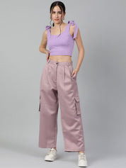 Kotty Women Pink Straight Fit High-Rise Easy Wash Cargos Trousers