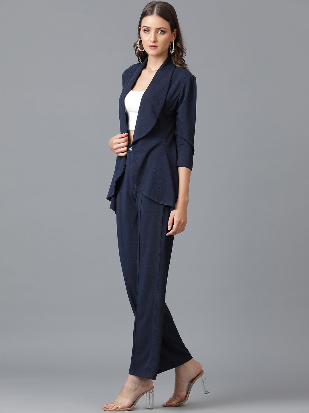 KOTTY BIZwear Navy Blue Shawl Neck Coat With Trousers