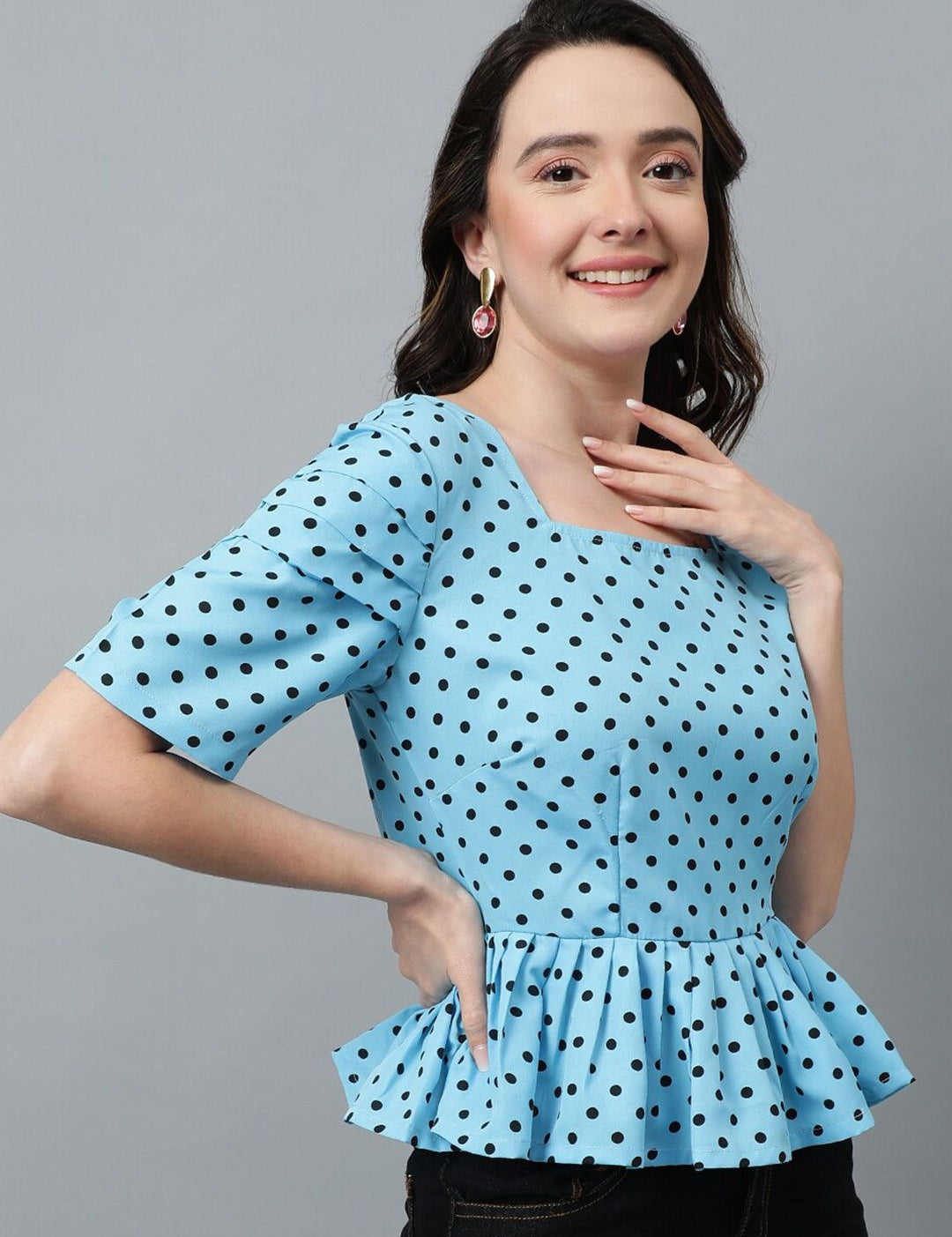 Kotty Blue Polka Dot Printed Crepe Peplum Top