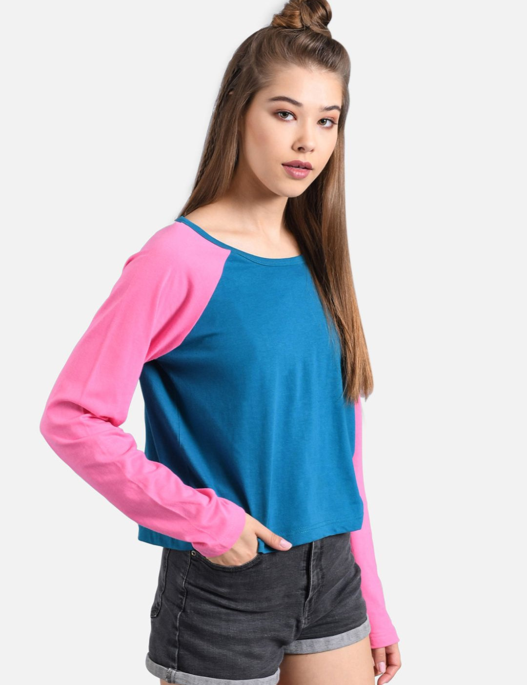Kotty Women Navy Blue & Pink Colourblocked Boat Neck T-shirt