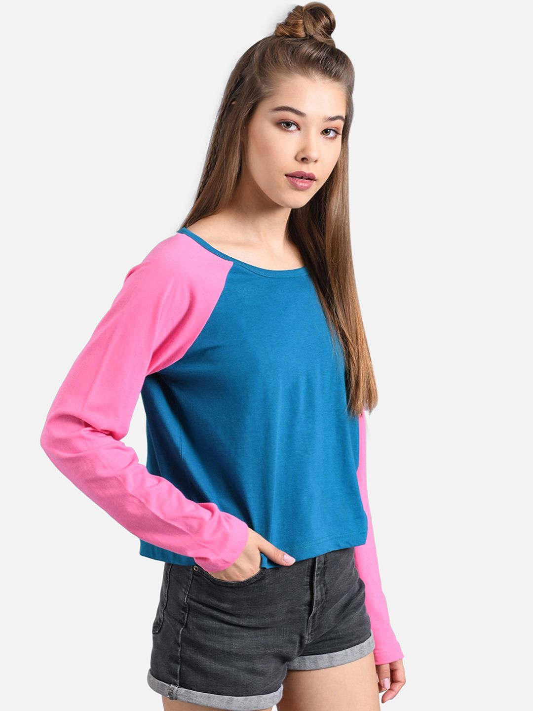 Kotty Women Navy Blue & Pink Colourblocked Boat Neck T-shirt